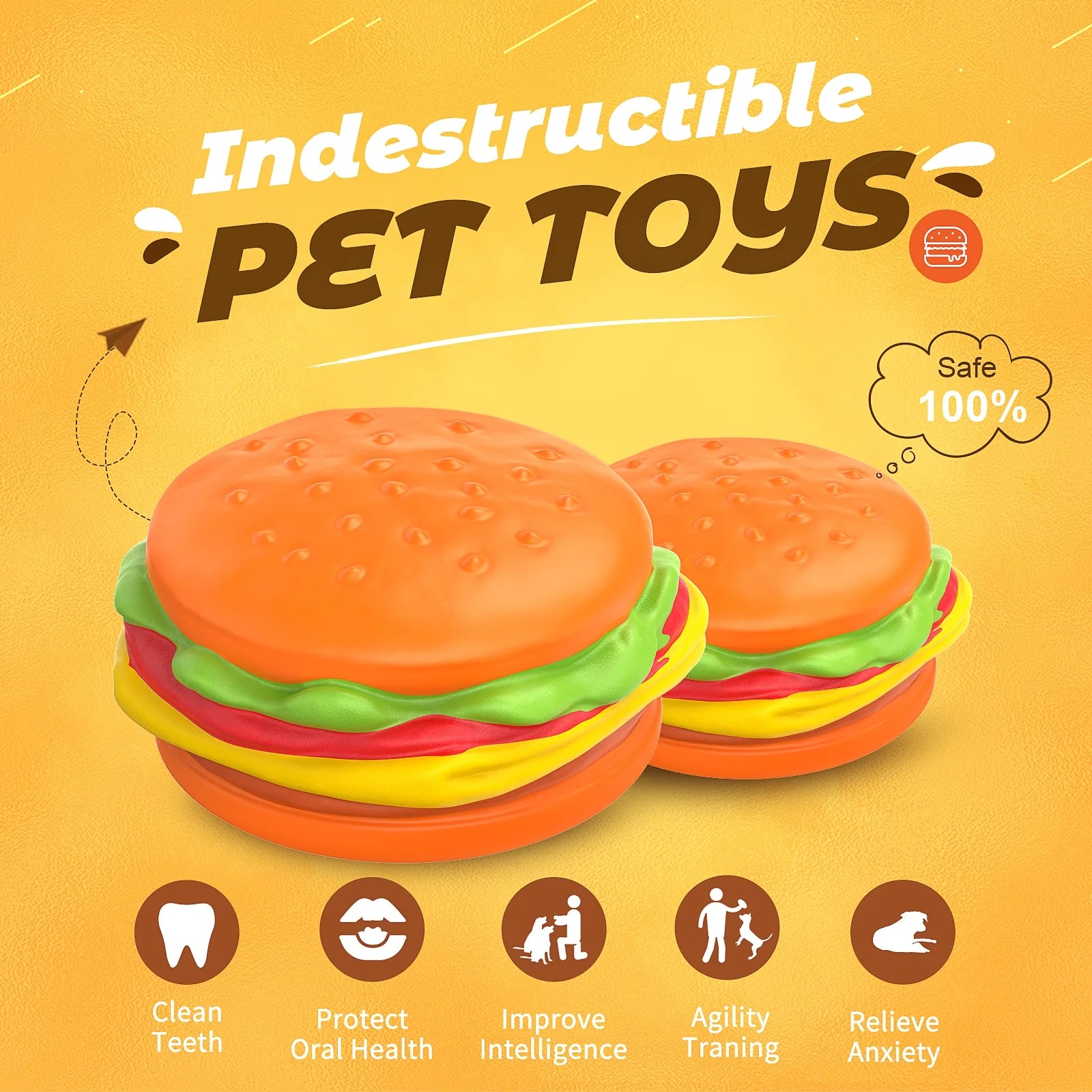 Squeaky Dog Toys for Aggressive Chewers, Hamburger Dog Chew Toys Natural Rubber Puppy Toys