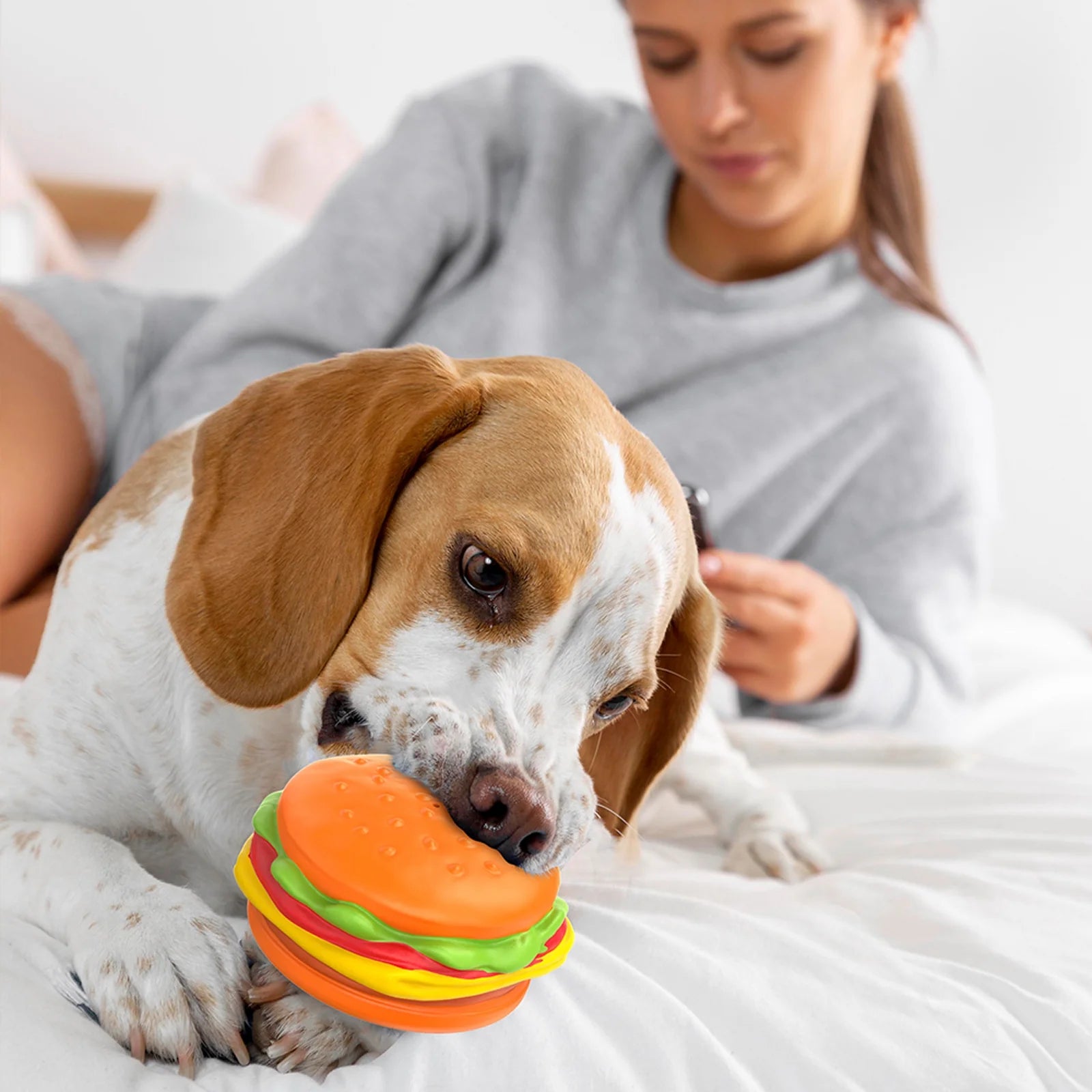 Squeaky Dog Toys for Aggressive Chewers, Hamburger Dog Chew Toys Natural Rubber Puppy Toys
